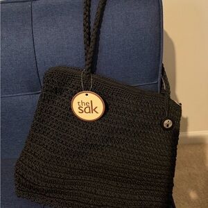 The Sak Black Crochet Shoulder Bag with Braided Straps